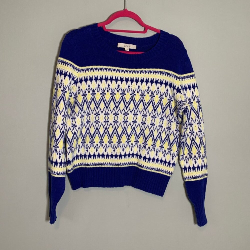LOFT Sweater‎ Women Small Blue Yellow Geometric Fair Isle Crew Neck Knit Top
